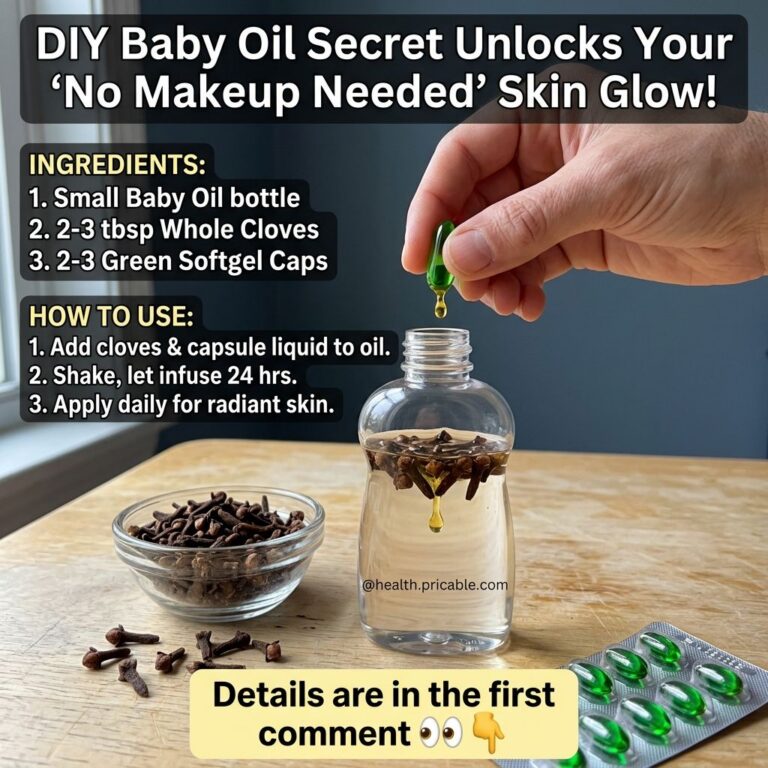 A flat lay image showing a clear bottle with baby oil and whole cloves a hand squeezing a green softgel capsule into the
