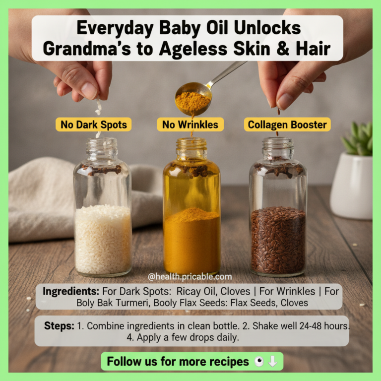 Three glass bottles on a rustic wooden surface each filled with baby oil infused with different natural ingredients rice
