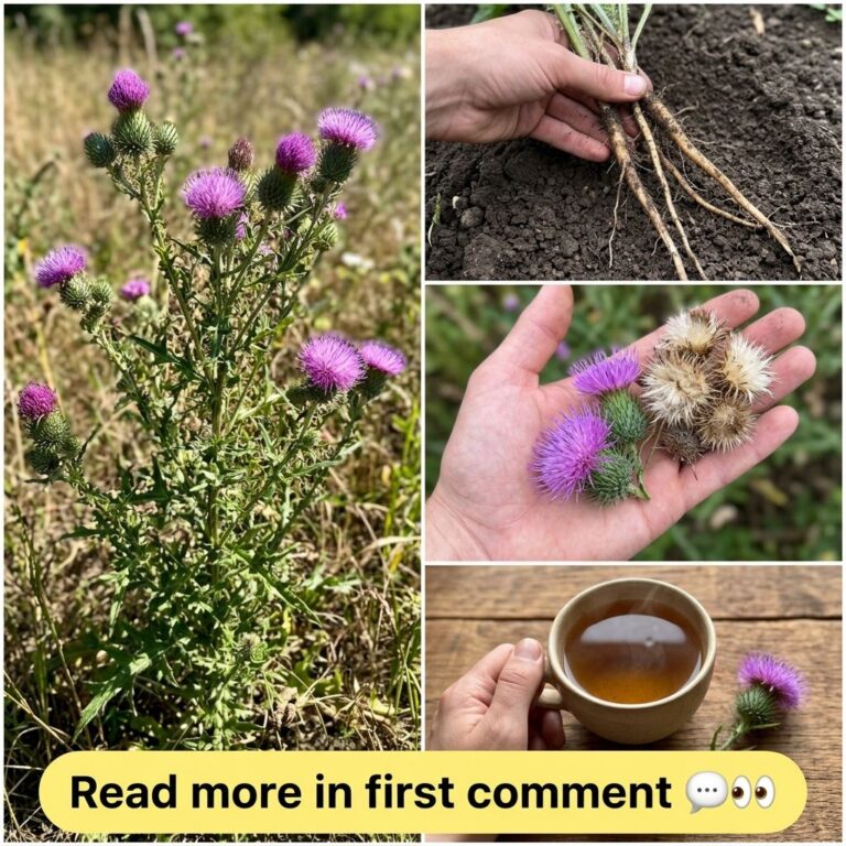 A four-panel collage showing a vibrant thistle plant hands holding thistle roots various thistle flower heads and a cup