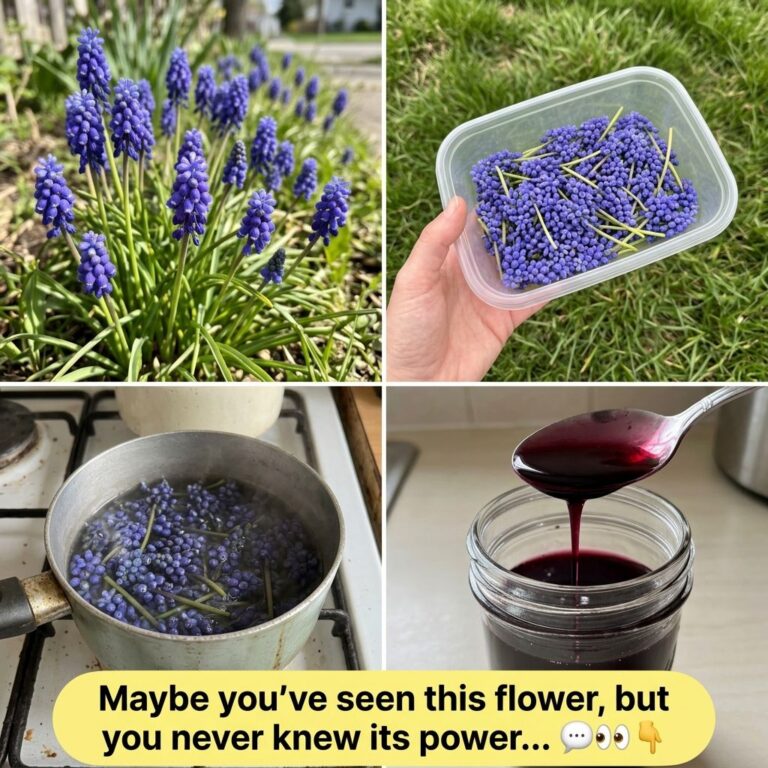 A four-panel collage showing grape hyacinth flowers growing being harvested simmering in water and finally yielding a re