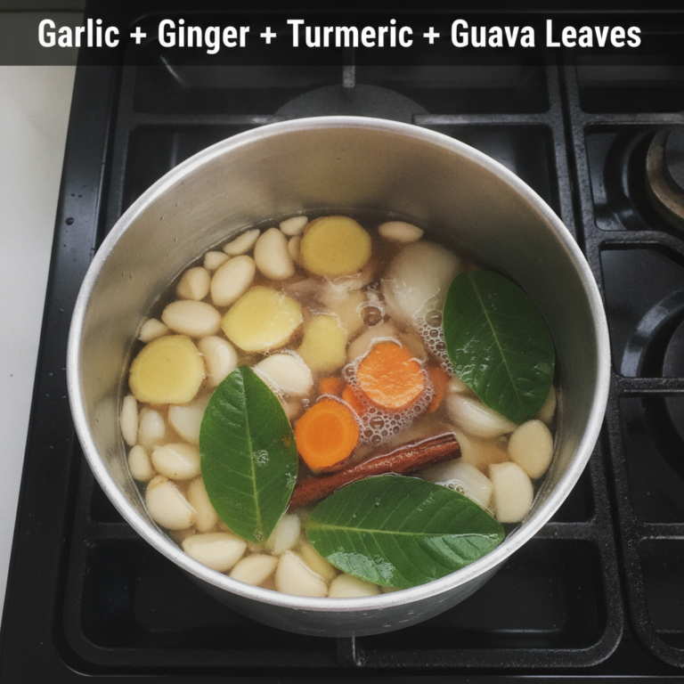 Top-down view of a metal pot simmering on a stove with garlic cloves ginger slices turmeric slices guava leaves cinnamon