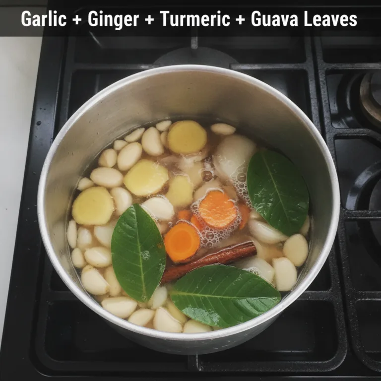 Top-down view of a metal pot simmering on a stove with garlic cloves ginger slices turmeric slices guava leaves cinnamon