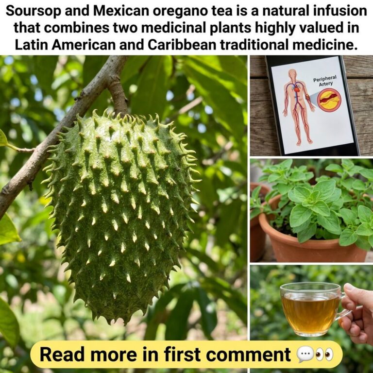A collage showing a soursop fruit on its branch a potted Mexican oregano plant a glass of soursop and Mexican oregano te