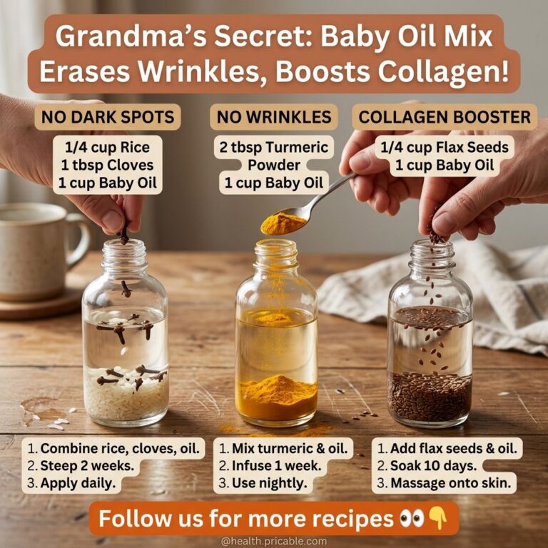 Three clear glass bottles on a rustic wooden table each representing a DIY beauty recipe using baby oil and natural ingr