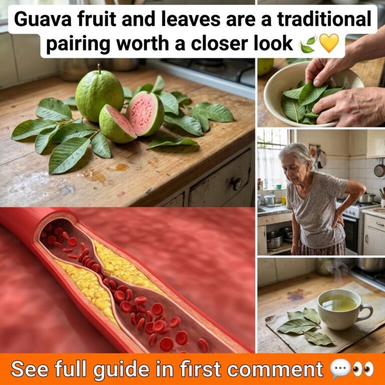 A collage depicting fresh guava fruit whole and sliced hands preparing guava leaves a clogged artery illustration an eld