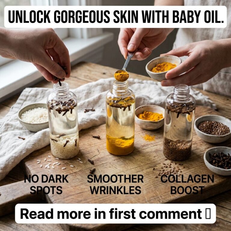 A flat lay showing three glass bottles of baby oil infused with rice turmeric and flaxseeds respectively all containing 