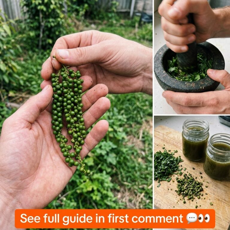 A vertical collage showing the stages of preparing a peppercorn remedy fresh green peppercorns on the vine hands grindin