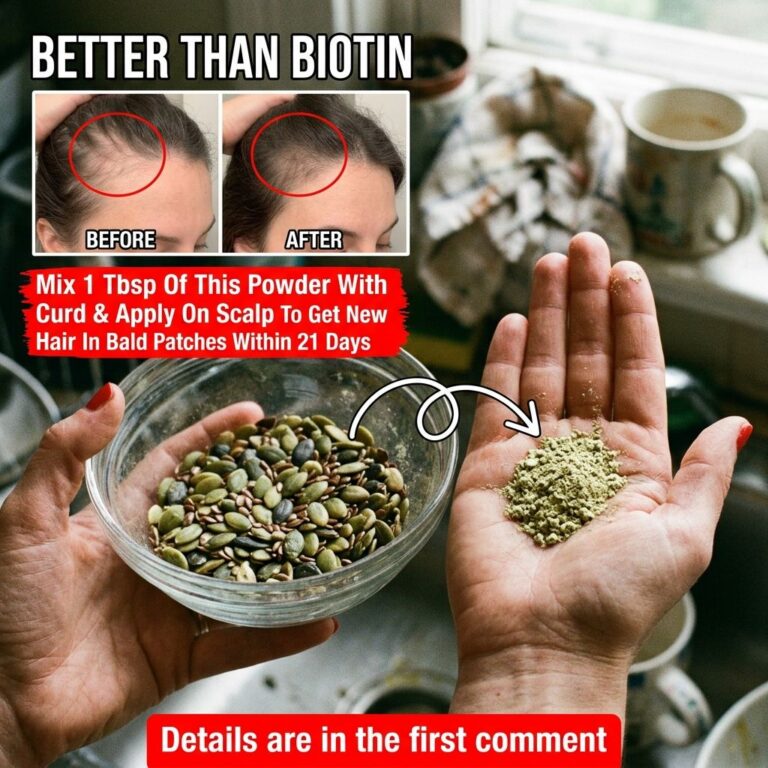 Hands holding a bowl of pumpkin and flax seeds with a pile of fine green powder in the other palm connected by an arrow 