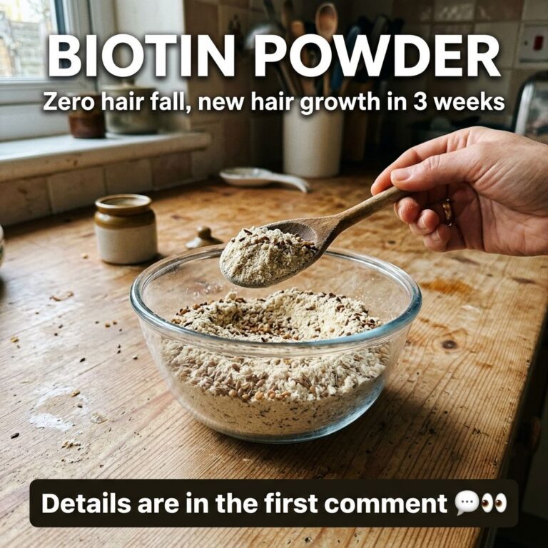 Close-up of a glass bowl with a light beige granular powder Biotin powder being scooped by a wooden spoon on a rustic wo