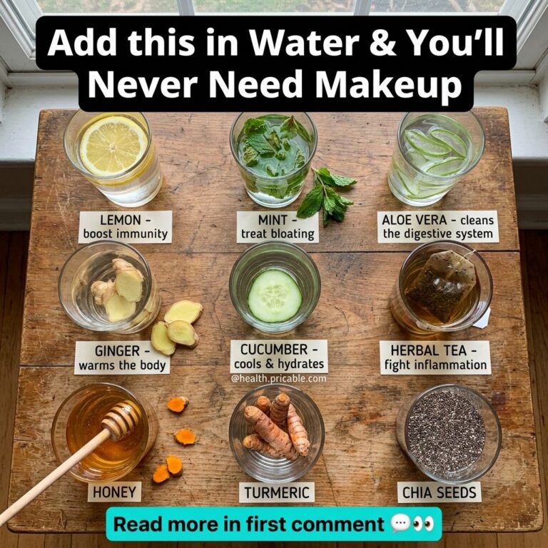 A flat lay of 9 natural ingredients lemon mint aloe vera ginger cucumber herbal tea honey turmeric chia seeds each in a 