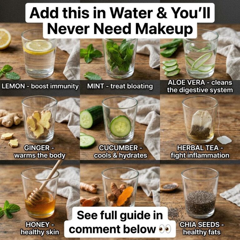 A top-down flat lay of nine clear glass tumblers each containing water and a different natural ingredient like lemon hon