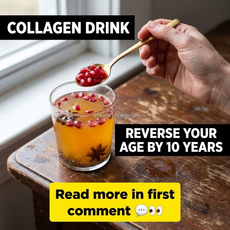 A glass of amber-colored collagen drink garnished with pomegranate seeds and star anise with a hand adding more seeds on