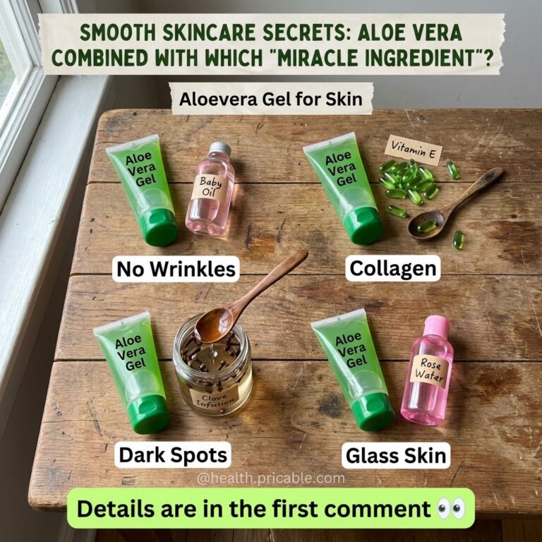 A brightly lit flat lay displaying various natural skincare ingredients and products on a rustic wooden table The compos