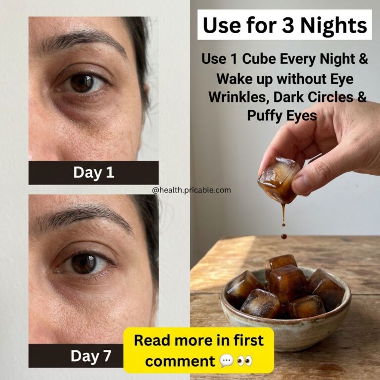 Before and after comparison of under-eye area showing reduction in dark circles and puffiness alongside a hand holding a