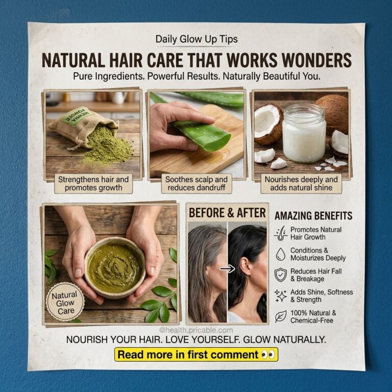 An infographic showcasing henna powder an aloe vera leaf and coconut halves with coconut oil detailing their individual 