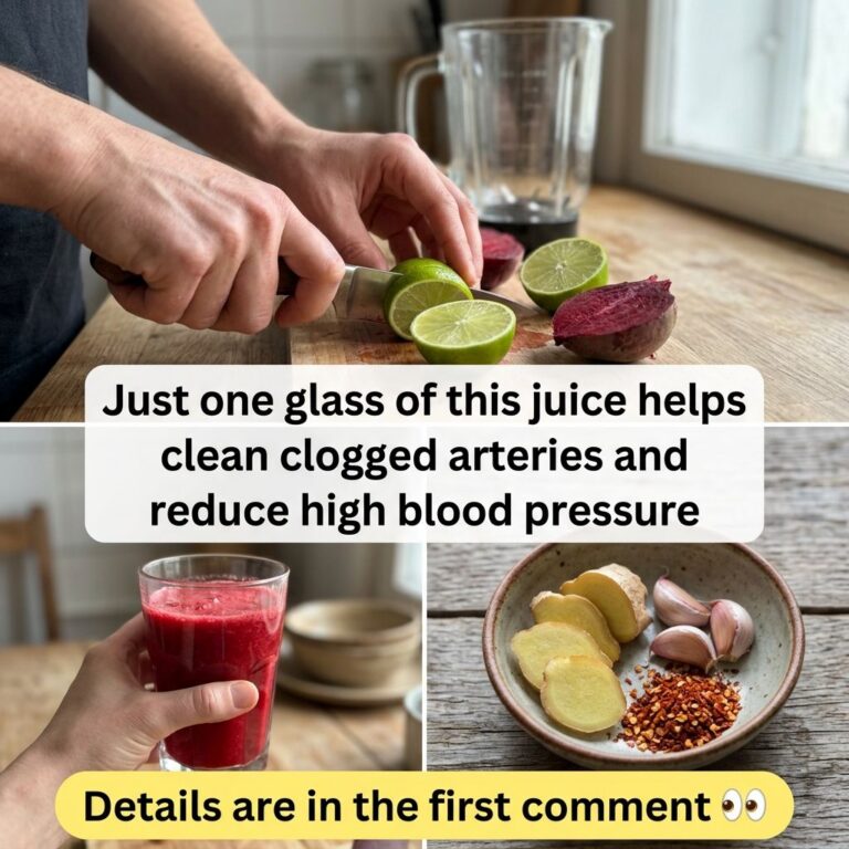 A multi-panel collage showing sliced beets and limes a blender a glass of red juice and a bowl of ginger garlic and chil