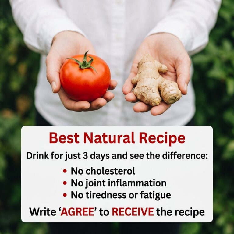 A person s hands holding a fresh red tomato in one hand and a piece of ginger root in the other against a soft-focus gre
