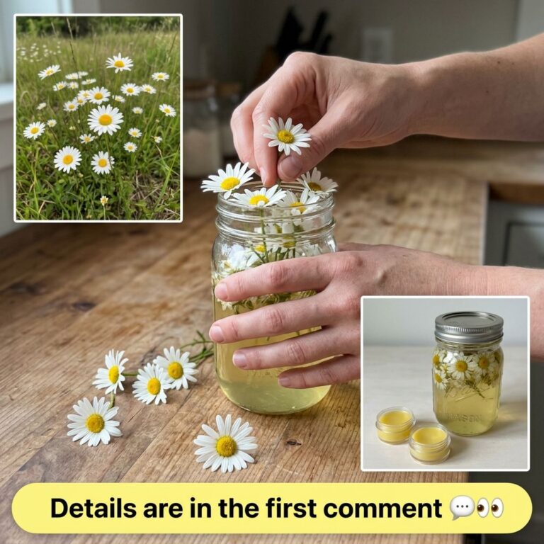Hands gently placing fresh daisies into a mason jar filled with a light yellow oil on a rustic wooden countertop with mo