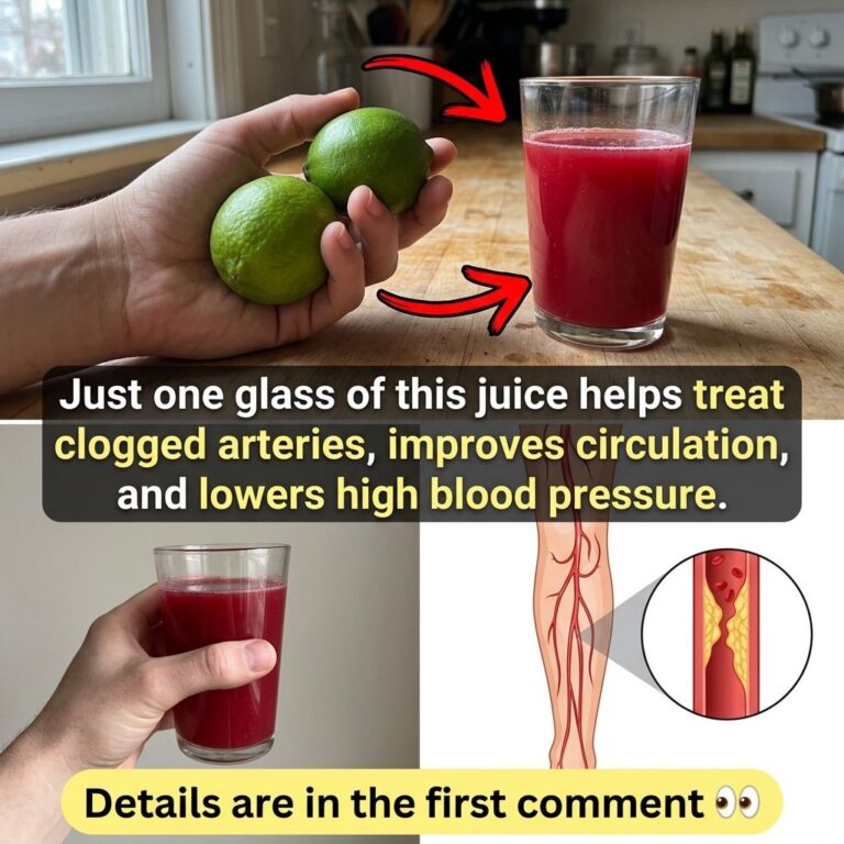 A hand holding two green limes next to a glass of vibrant red juice on a rustic wooden kitchen counter with a medical il