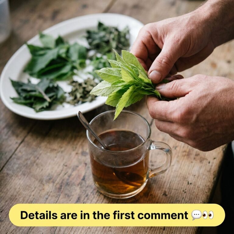 Hands holding fresh olive leaves over a mug of amber herbal tea with dried leaves in the background on a rustic wooden t