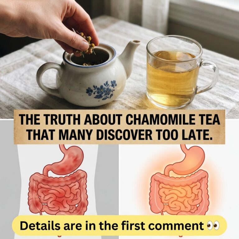 A close-up of a hand adding dried chamomile flowers into a white ceramic teapot with a clear glass mug of brewed chamomi