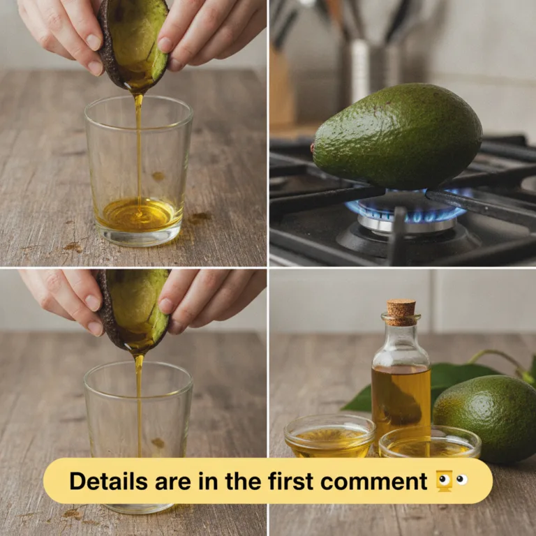 A four-panel grid collage showing the DIY process of extracting oil from avocados Top-left and bottom-left hands squeezi