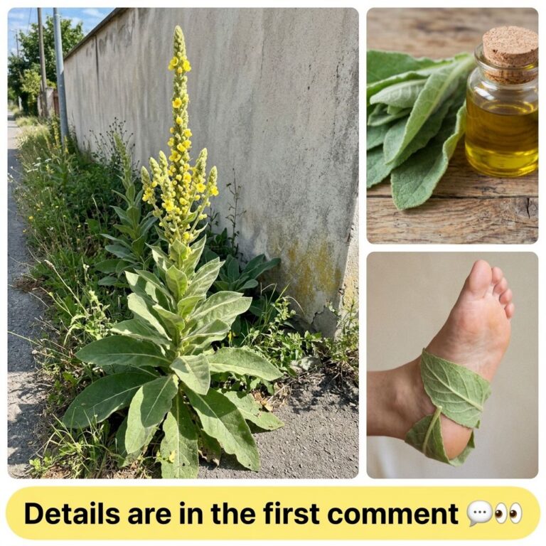 A multi-panel collage featuring a tall Mullein plant with yellow flowers a close-up of Mullein leaves next to a small bo