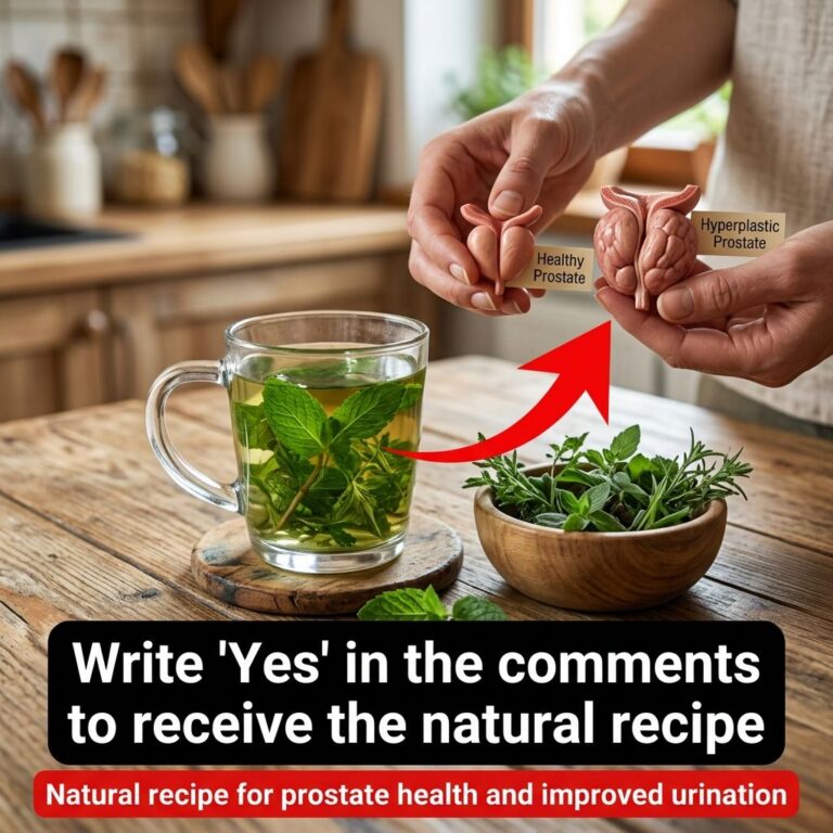 Two hands holding anatomical prostate models healthy and hyperplastic next to a mug of green herbal tea a bowl of fresh 