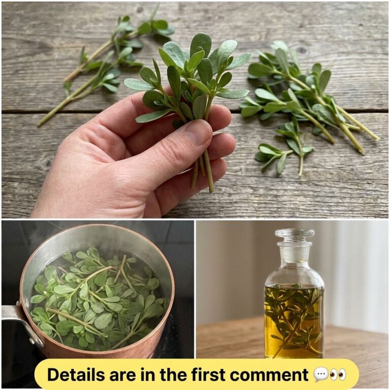 A three-panel collage showing a hand holding fresh purslane sprigs purslane simmering in a copper pot and purslane infus