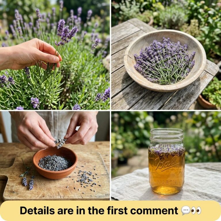 A four-panel collage showing the process of making a lavender infusion harvesting bundled lavender stripping buds and th