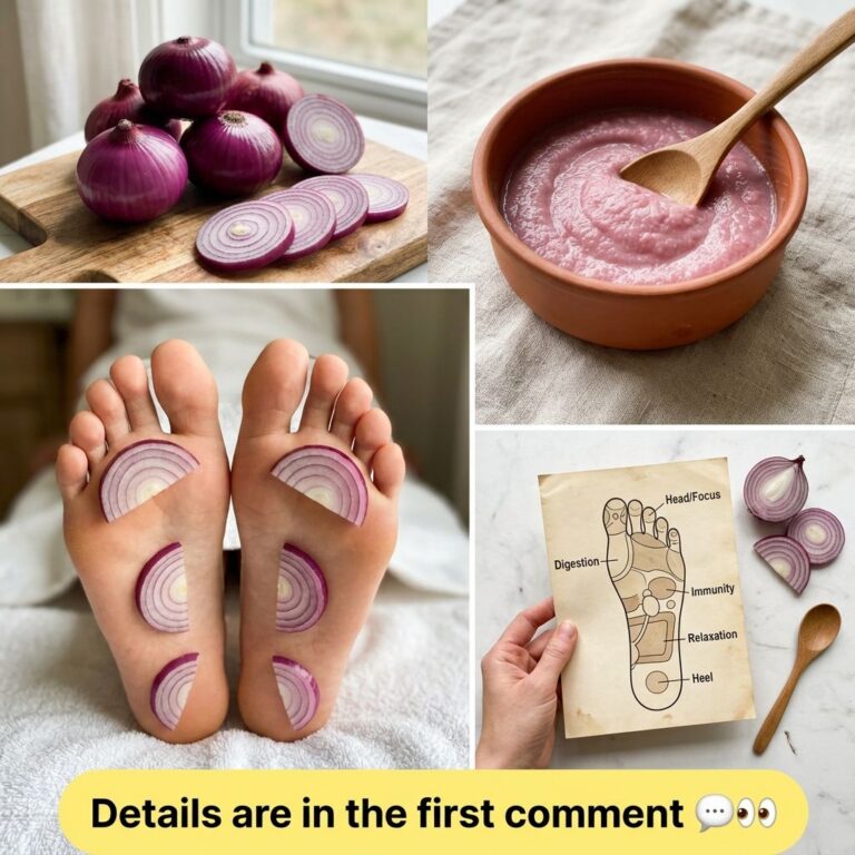 A four-panel collage showing whole and sliced red onions a bowl of onion puree red onion slices applied to feet on refle