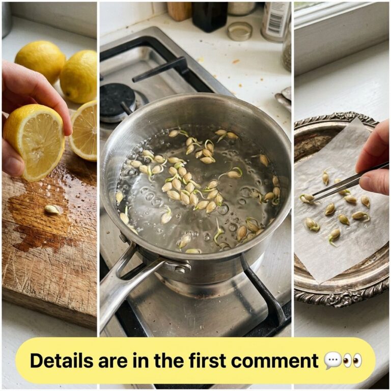 A triptych showing the process of extracting lemon seeds a hand squeezing a lemon lemon seeds boiling in a pot and a han