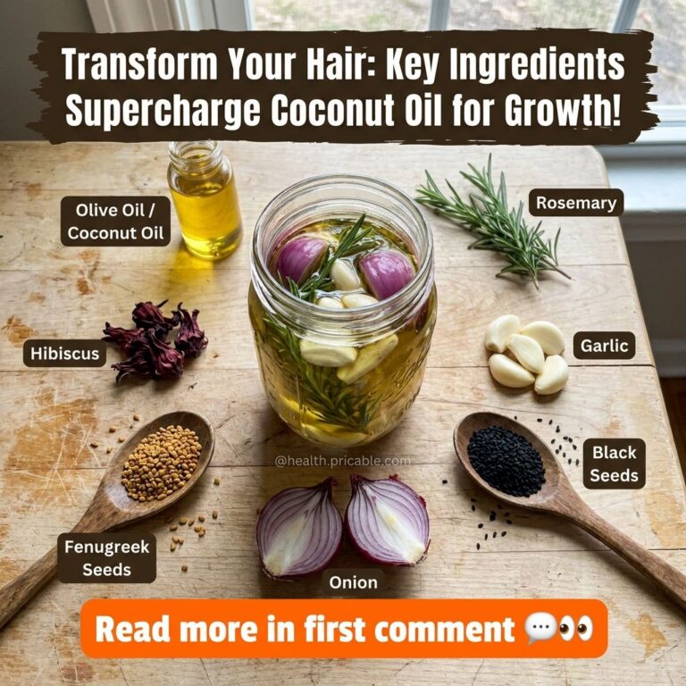 A flat lay of various natural ingredients on a rustic wooden surface including a jar of oil with garlic rosemary and red