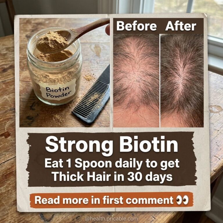 A multi-panel visual showing Biotin Powder jar a Before After hair growth comparison and text promoting Strong Biotin Ea
