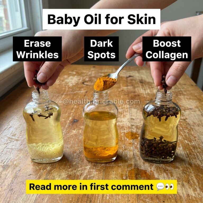 Three glass bottles of baby oil on a rustic wooden table labeled Erase Wrinkles Dark Spots and Boost Collagen with hands