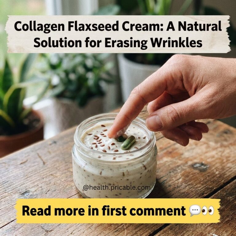 A hand gently dipping a finger into a small glass jar of light creamy flaxseed and collagen night cream on a rustic wood
