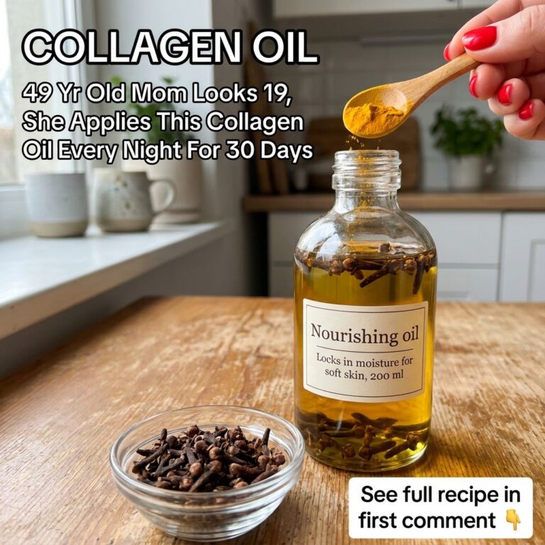 Homemade Nourishing oil with clove buds and turmeric in a clear bottle on a rustic wooden table with a hand adding ingre