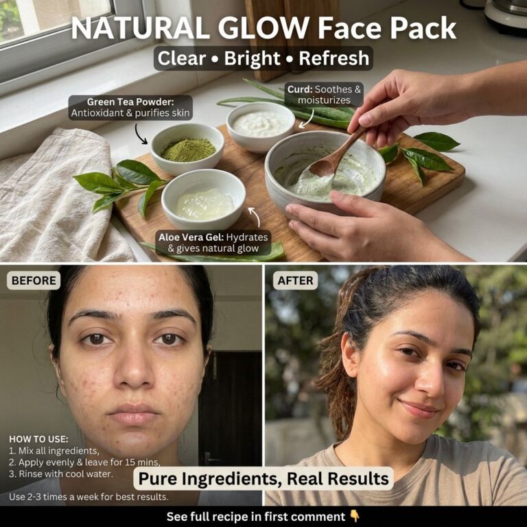 A visual guide for a NATURAL GLOW Face Pack showing green tea powder aloe vera gel and curd with a hand mixing ingredien