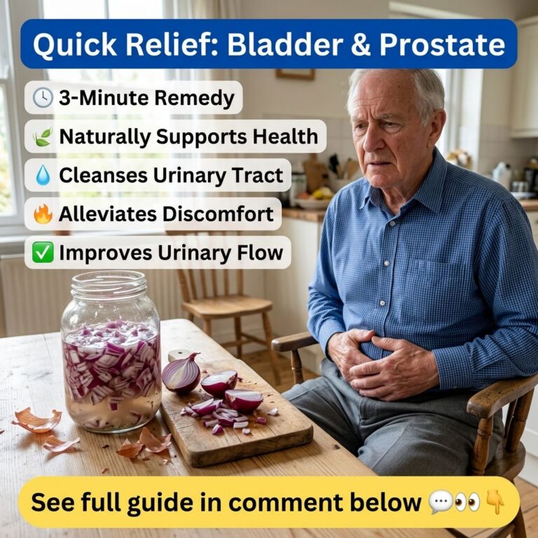 Elderly man experiencing bladder discomfort next to a glass of red onion water and chopped red onions on a table