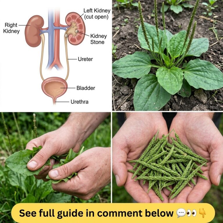 A collage showing a medical diagram of the urinary system with a kidney stone a plantain plant hands harvesting leaves a