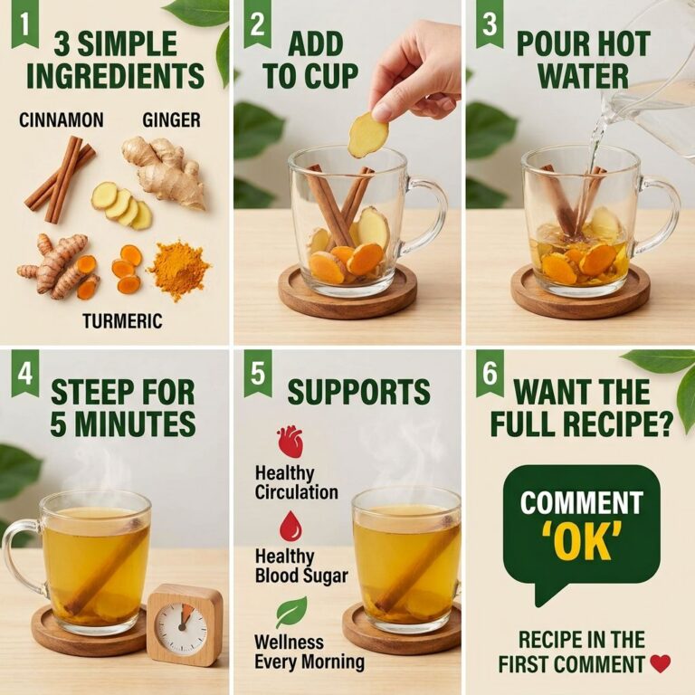 An infographic showing the step-by-step process of making ginger cinnamon and turmeric tea with images of the ingredient