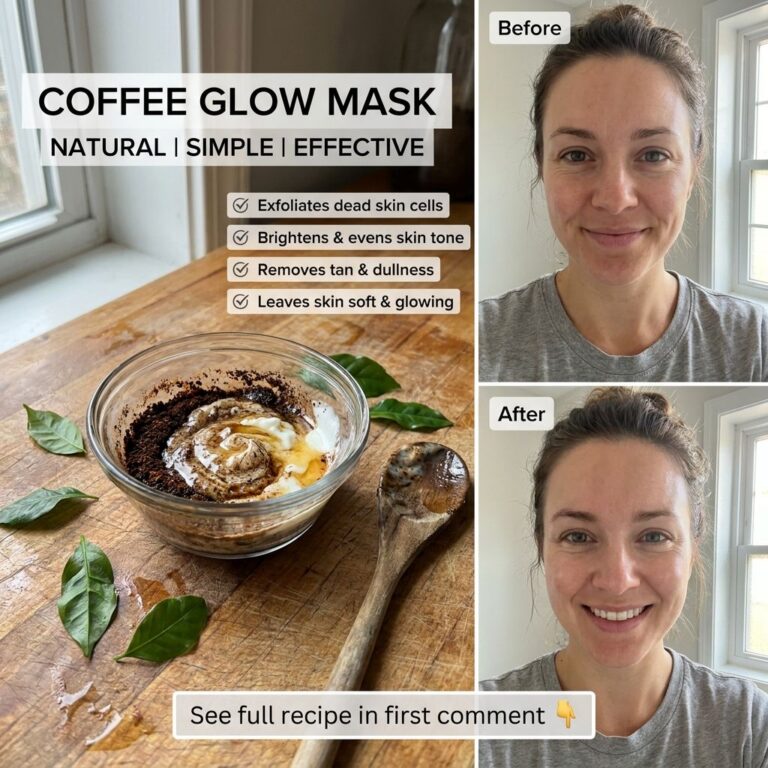 A beautiful collage showing coffee grounds yogurt and honey as ingredients with text highlighting the mask s benefits li