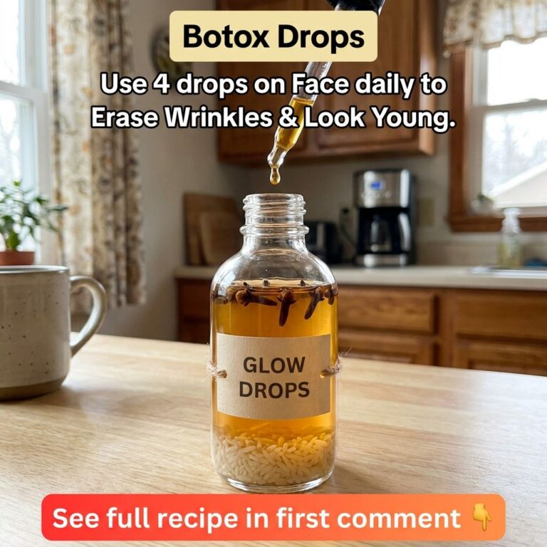 A small clear glass bottle labeled GLOW DROPS with golden liquid rice grains and dried cloves a dropper poised above it