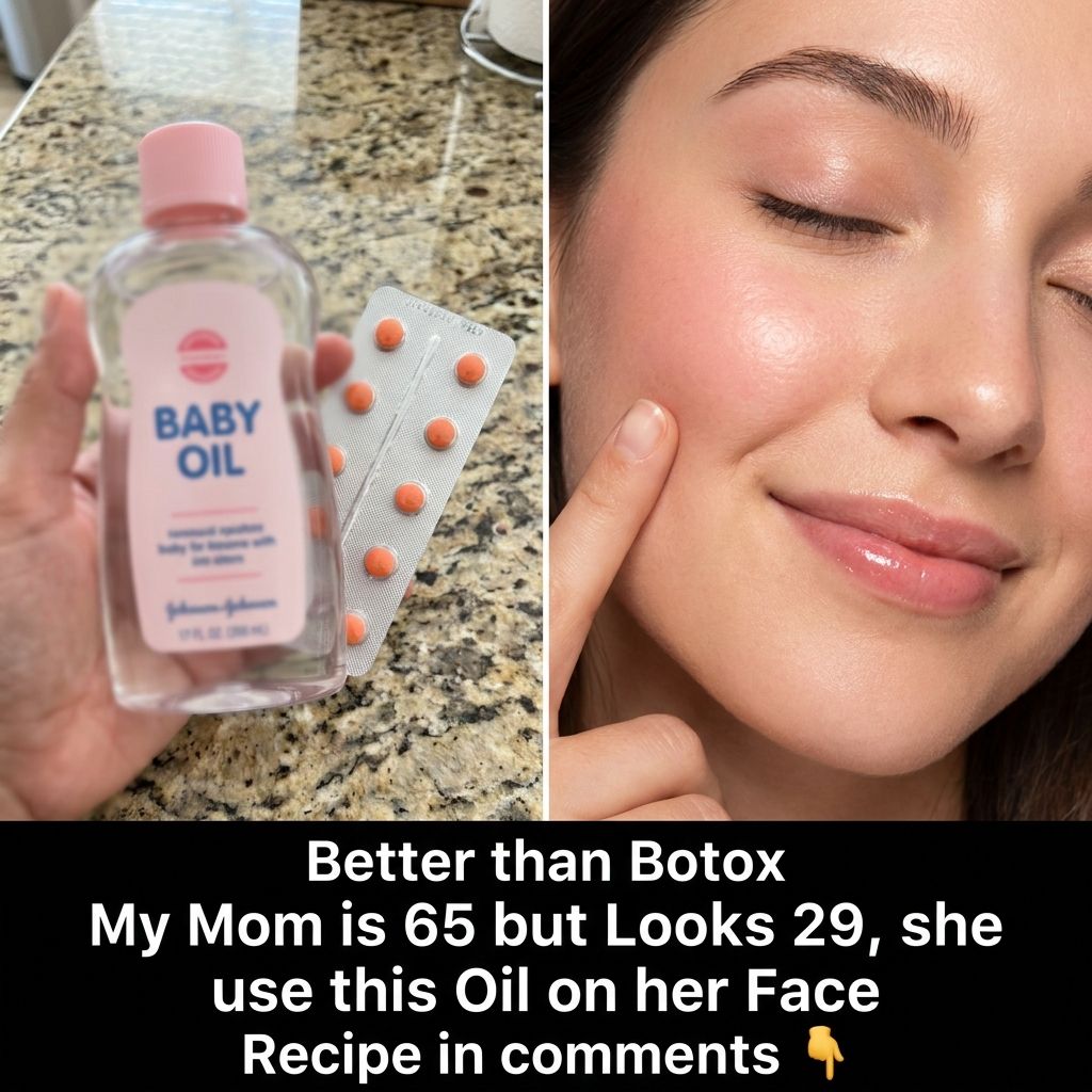 A bottle of baby oil and a blister pack of small orange pills on a granite countertop similar to the source image with a