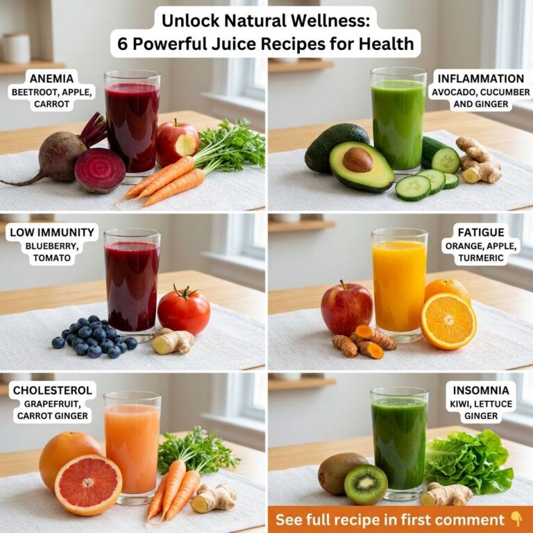 An infographic or a spread of six different colorful juice recipes each with a glass of juice and its fresh ingredients 