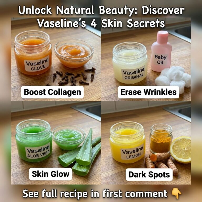 A grid of four DIY Vaseline beauty recipes each showing natural ingredients like cloves baby oil aloe vera lemon and tur