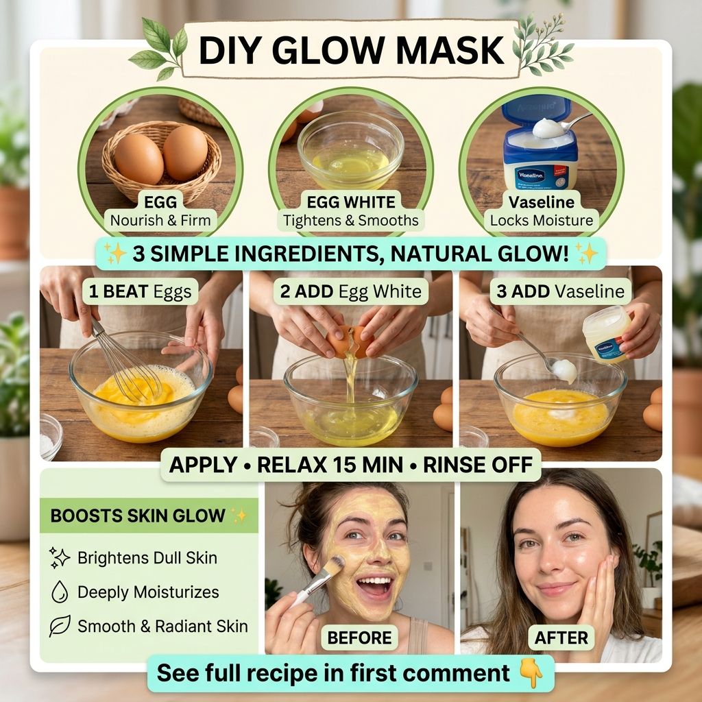 Ingredients for a DIY glow mask a whole egg an extra egg white and a small jar of petroleum jelly Vaseline on a clean su