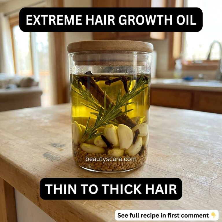 A clear glass jar with a wooden lid containing golden-yellow oil infused with white garlic cloves green rosemary sprigs