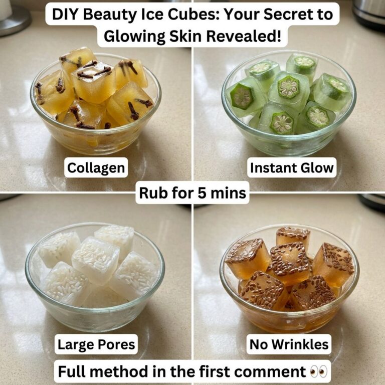 A four-panel grid showcasing different DIY beauty ice cube recipes in clear bowls One panel shows amber-colored ice cube