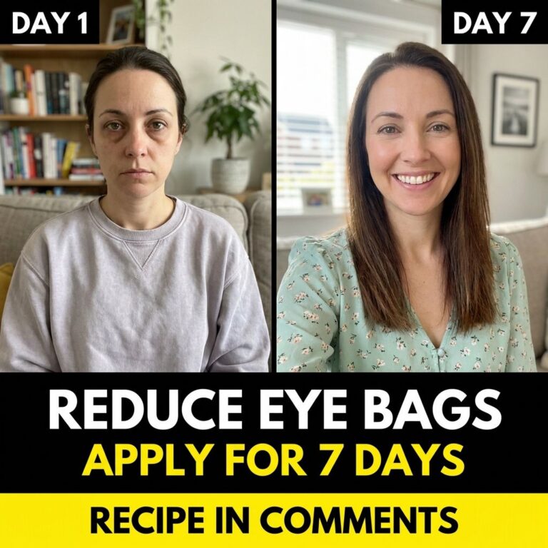 A before and after split image showing a woman s face The before side Day 1 shows visible eye bags and a tired expressio